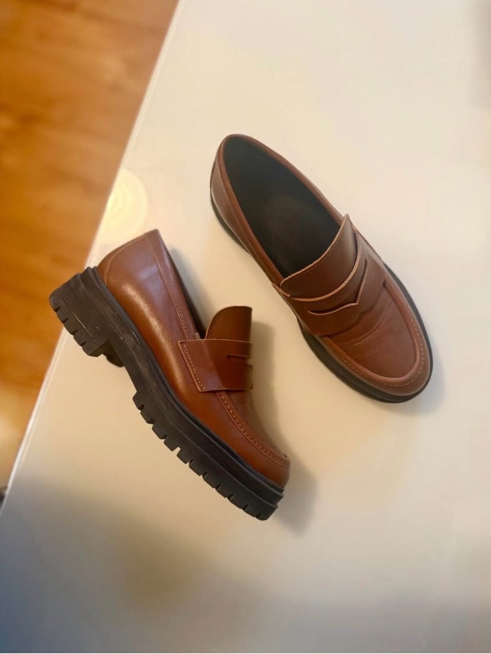 Women's Brown Leather Lug Sole Penny Loafers - Picture 3 of 4